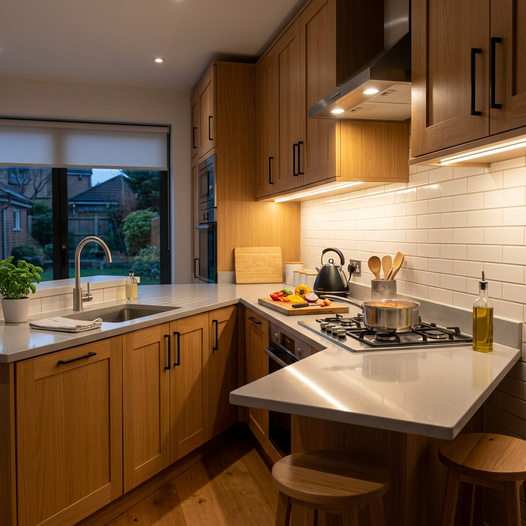 Cozinha moderna com luz neutra funcional e fitas de LED sob os armários