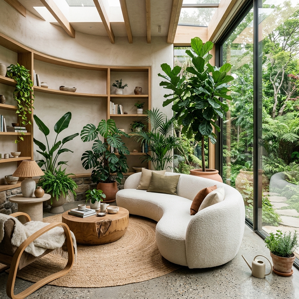 Interior residencial sustentável e biofílico trazendo a natureza para dentro dos espaços